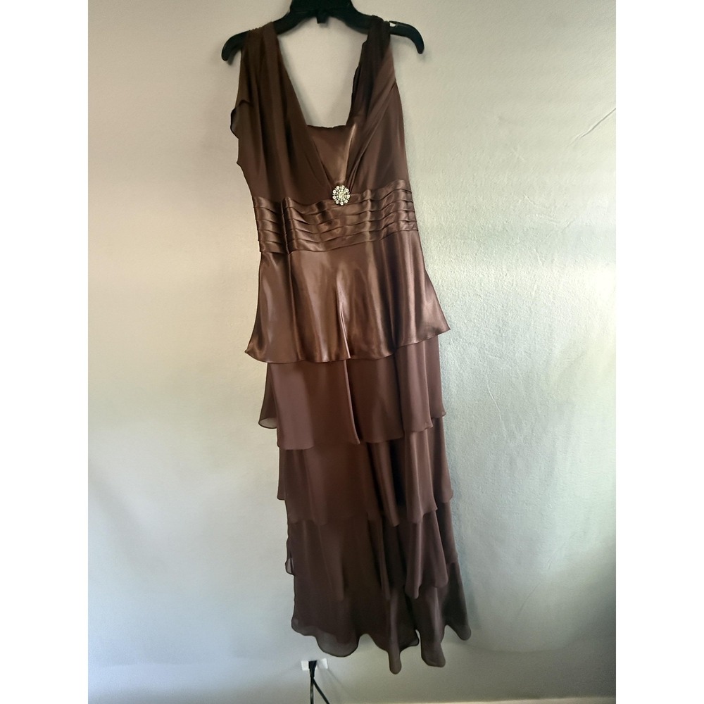 D'Albert Dress Womens 12 Brown Chiffon‎ Tiered Maxi Cowl Neck Rhinestone Gown